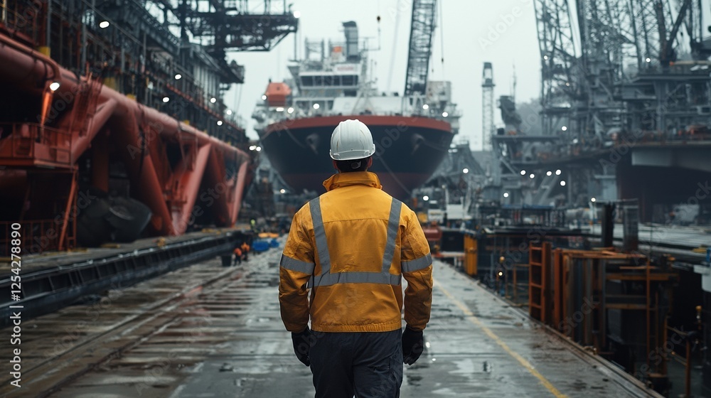 Poster a man in a yellow jacket walks on a wet dock