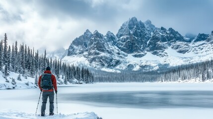 Majestic Winter Landscape with Hiker by Frozen Lake and Snow-Capped Mountains in Cloudy Sky