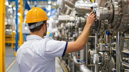 A man in a yellow helmet is working on a machine