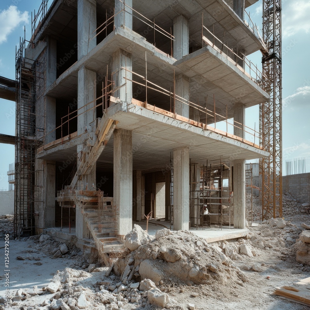 Poster a building under construction with scaffolding and a crane