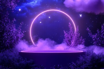 Night scene, purple neon circle, product display, mystical forest