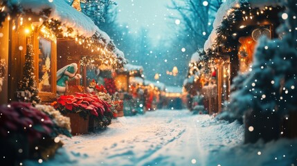 Enchanting Winter Wonderland with Christmas Market Stalls and Snowy Pathway Surrounded by Twinkling Lights