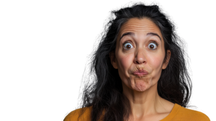 Brunette woman making funny face with inflated cheeks and wide eyes on transparent background