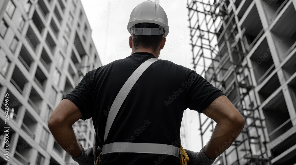 Poster a man in a hard hat stands in front of a building