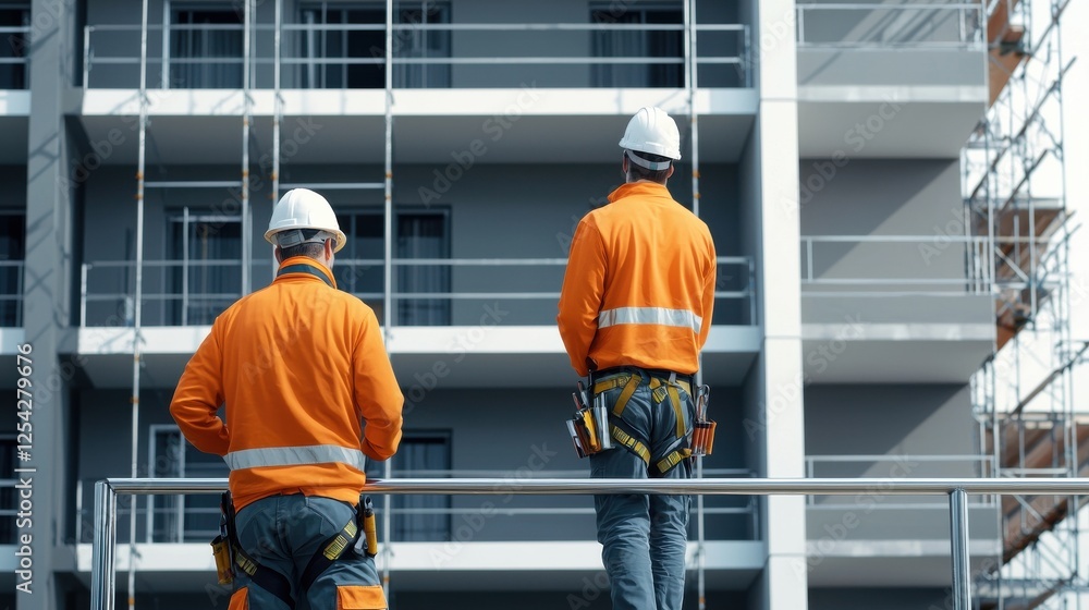 Poster two men in orange safety vests are standing on a ledge of a building