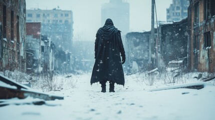 Mysterious Figure in Dark Cloak Walking Through Snowy Abandoned Urban Landscape with Falling Snow