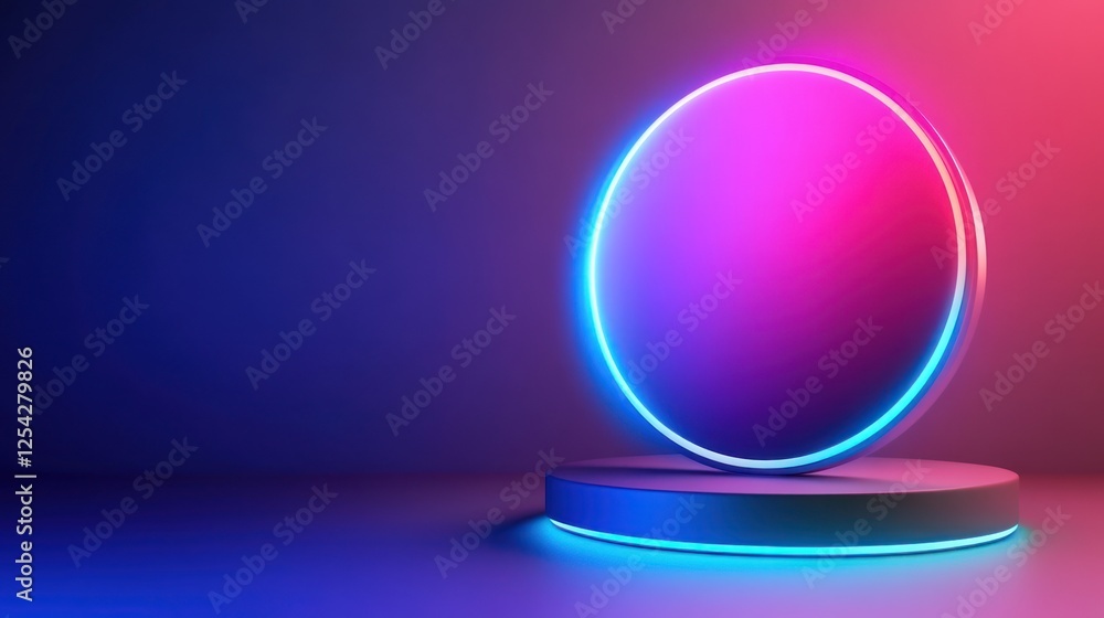 Poster neon-lit sphere on a platform with gradient background.