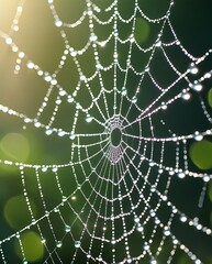 Close-up of a delicate spider web covered in morning dew, glistening in sunlight with a blurred green background, symbolizing nature&rsquo;s beauty, fragility, and intricate design.

