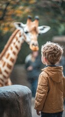A young boy stands captivated by a giraffe, surrounded by other zoo visitors enjoying the day