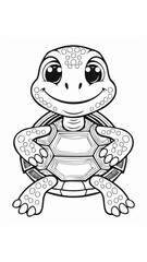 Cute Turtle Tortoise Mammal Coloring Kid Book Page in Black and White. Monochrome and Colored Samples
