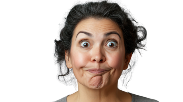 Brunette mature woman making funny face on transparent background