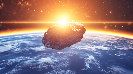 Asteroid approaching planet Earth. Its a mix of rock, ice, and metallic elements, reflecting the harsh light of the distant Sun. Surface scarred and cratered from eons of cosmic collisions. AI