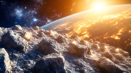 Asteroid approaching planet Earth. Its a mix of rock, ice, and metallic elements, reflecting the harsh light of the distant Sun. Surface scarred and cratered from eons of cosmic collisions. AI