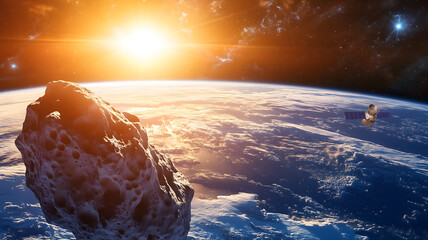 Asteroid approaching planet Earth. Its a mix of rock, ice, and metallic elements, reflecting the harsh light of the distant Sun. Surface scarred and cratered from eons of cosmic collisions. AI