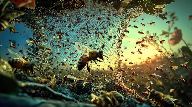A vibrant scene of bees buzzing around a honeycomb in a lush garden at sunset