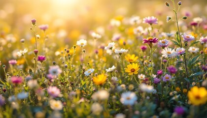 Vibrant Floral Meadow Awash in Colors with the Sun Setting in the Background