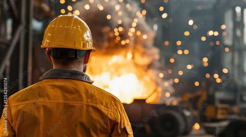 Poster a man in a yellow jacket is standing in front of a fire