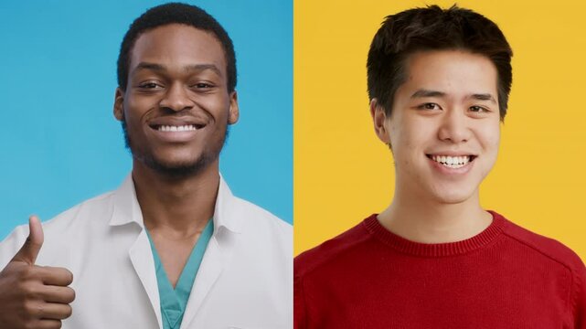 The image shows two men, one wearing a white lab coat with a blue undershirt and the other wearing a red sweater, both giving thumbs up in front of solid blue and yellow backgrounds.