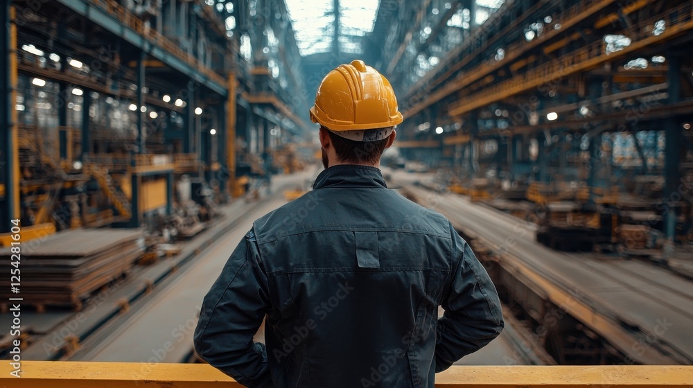 Poster a man in a yellow helmet stands on a platform in a large industrial building