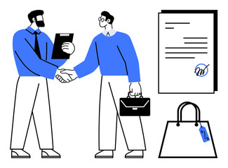 Two businessmen shaking hands while holding a clipboard and a briefcase, signed contract document, shopping bag with tag. Ideal for finance, partnerships, professional services, business contracts