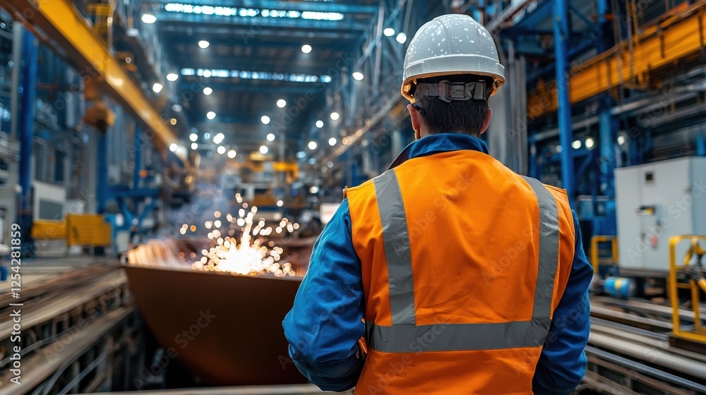 Poster a man in a safety vest stands in front of a large machine