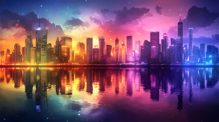 Fototapeta premium Dreamy City Nights: Vibrant Lights Reflect on Water