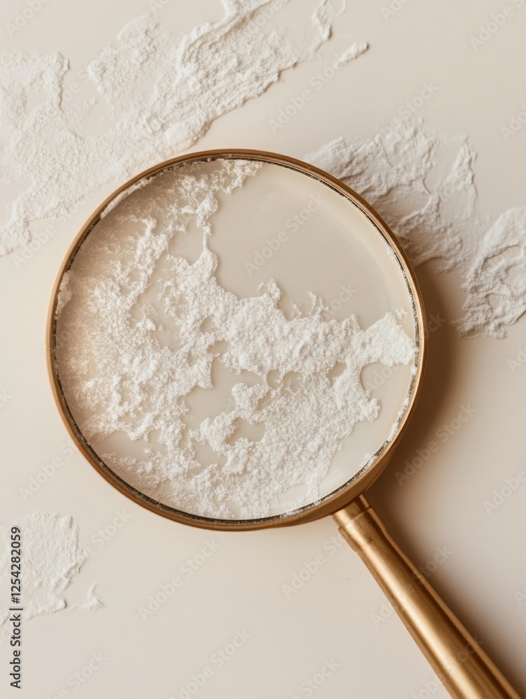 Poster exploring dry and flaky skin texture through a magnifying glass in a close up examination setting. g