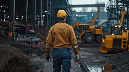 A man in a yellow jacket and a hard hat walks through a construction site