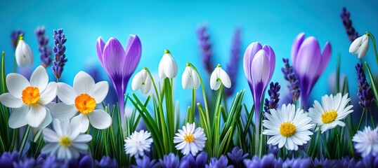 A vibrant spring meadow with blooming crocuses, snowdrops, lavender, and daisies against a soft blue background. Fresh seasonal botanical beauty and floral website banner concept.