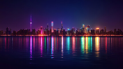 Fototapeta premium Vibrant City Nights: Skyline Reflections in Vivid Colors