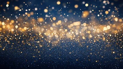 Fototapeta premium Shimmering Gold and Blue Bokeh Effect with Bright Spots on Dark Background for Elegant Celebrations and Events