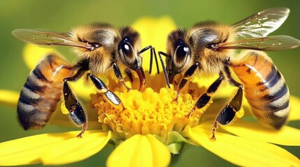 Two Honeybees on a Yellow Flower