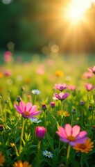 Fototapeta premium Sunlight filtering through petals of wildflowers in a lush meadow, flowers, field, sun