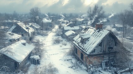 Abandoned Snowy Village with Old Houses and Smoke Rising from Chimneys in Winter Landscape