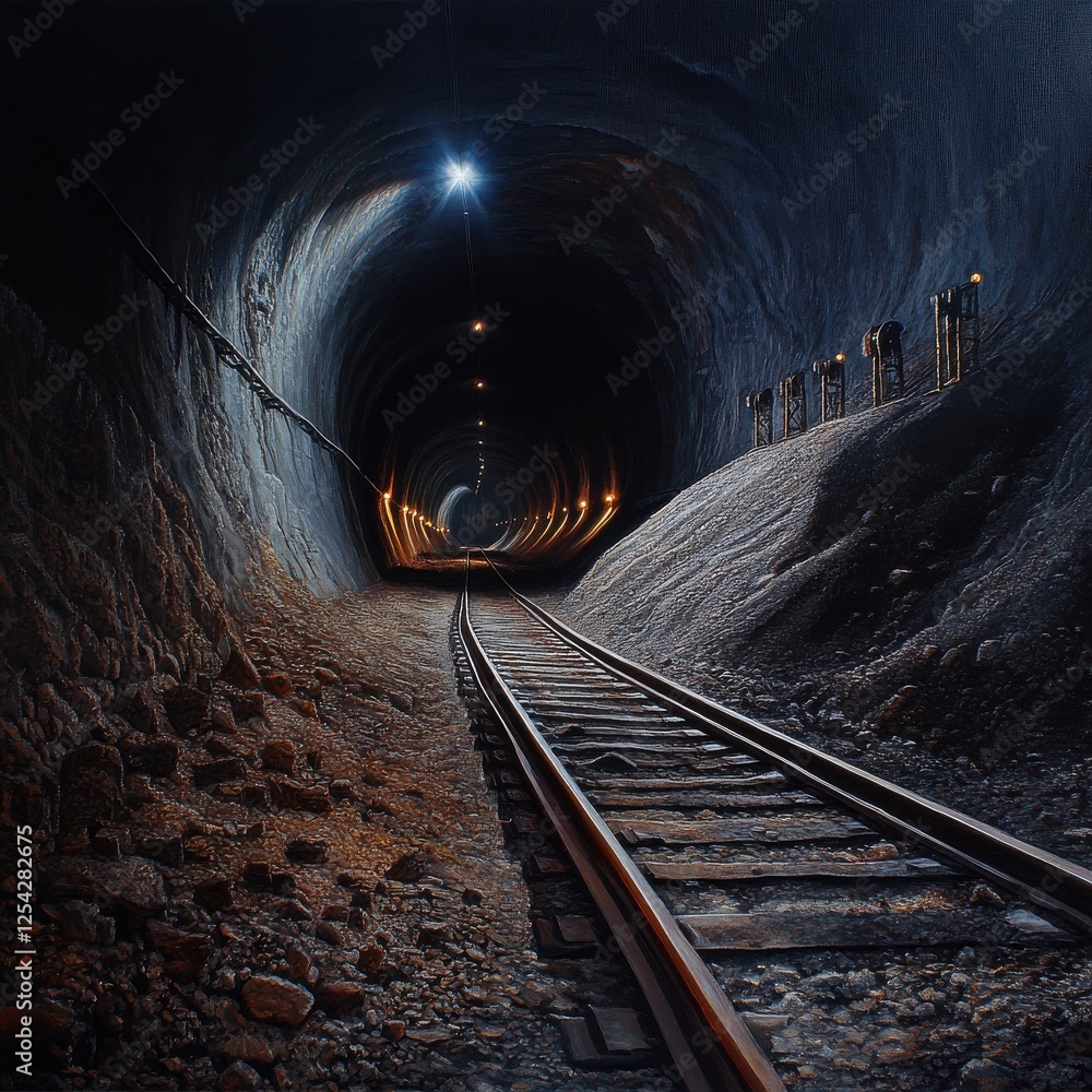 Poster a dark tunnel with a train track running through it