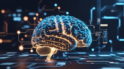 Futuristic digital brain with glowing neural connections and circuits, symbolizing artificial intelligence, machine learning, deep learning, neuroscience, and advanced cognitive computing

