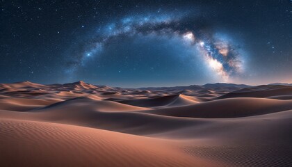Naklejka premium Stunning Night Sky Over Dunes: A Captivating View of the Milky Way Arching Over the Desert Landscape