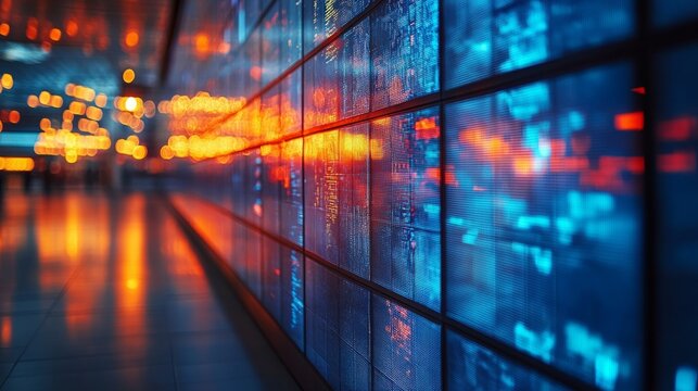 Giant multimedia wall with abstract digital screens, gradient lighting, and futuristic minimalism, symbolizing the fusion of technology and design