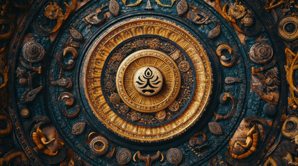 Obraz premium Intricate mandala with religious symbols and a radiant golden center, representing divine connection, spirituality, and universal harmony 