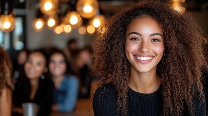 Fototapeta premium Happy woman in cafe, enjoying a moment with friends