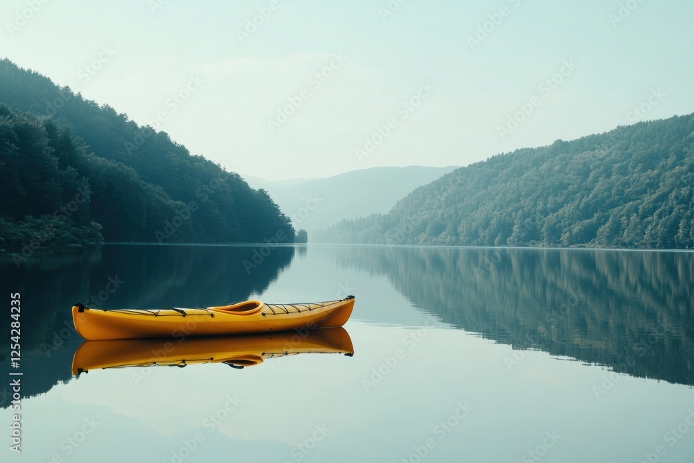 Poster lone yellow kayak drifting on a calm mountain lake surrounded by serene reflections and lush greener