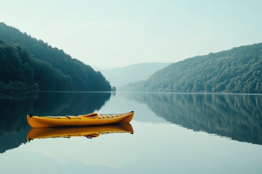 Lone yellow kayak drifting on a calm mountain lake surrounded by serene reflections and lush greenery. Generative AI