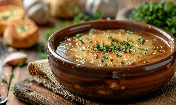 French onion soup, rustic kitchen, cheese topping, garlic bread