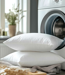 A stack of two white square pillows next to an open washing machine with inside simple background highresolution highquality product photography high detail hi