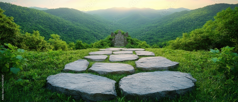 Poster stone path in grassy field with mountains and ancient steps leading to a mystical temple in the back