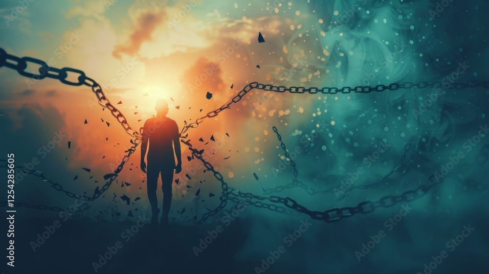 Poster a persons silhouette standing strong against a broken chain representing the resilience and empowerm