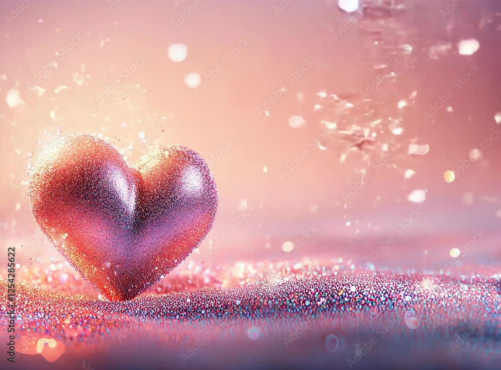 Poster a beautiful shimmering heart shape sits amidst a cascade of sparkling particles, creating a dreamy a
