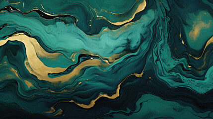 Abstract fluid art with swirling teal and gold marble texture creating a luxurious and elegant design  
