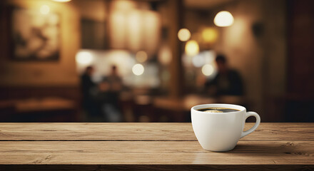 Fototapeta premium Enjoying Coffee in Cafe setting on Wooden Table Background with Customers