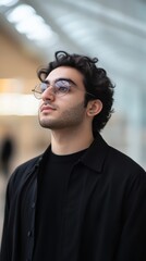 A young Middle-Eastern male confidently wears an eco-friendly outfit in a minimalist setting